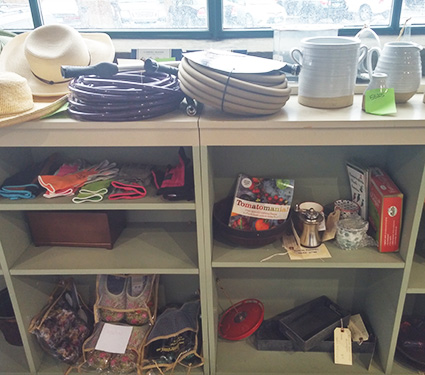 Shelves in the Call Center filled with products