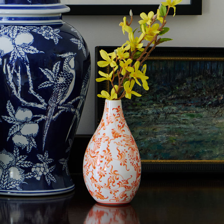Chinoiserie Floral Bud Vase, Coral