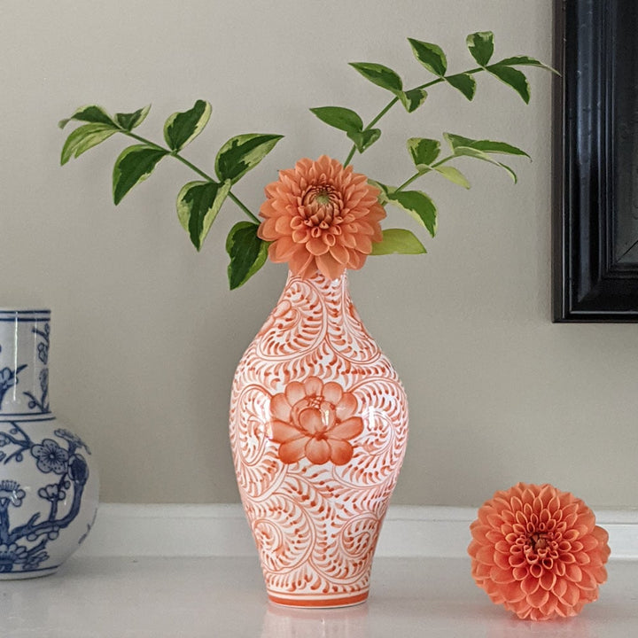 Chinoiserie Swirl Bud Vase, Coral
