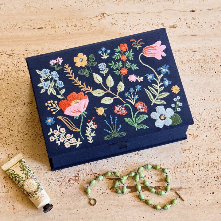 Navy Embroidered Keepsake Box, Large