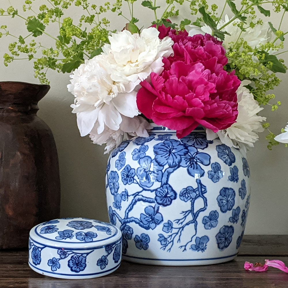 Chinoiserie Temple Lidded Jar, Blue & White