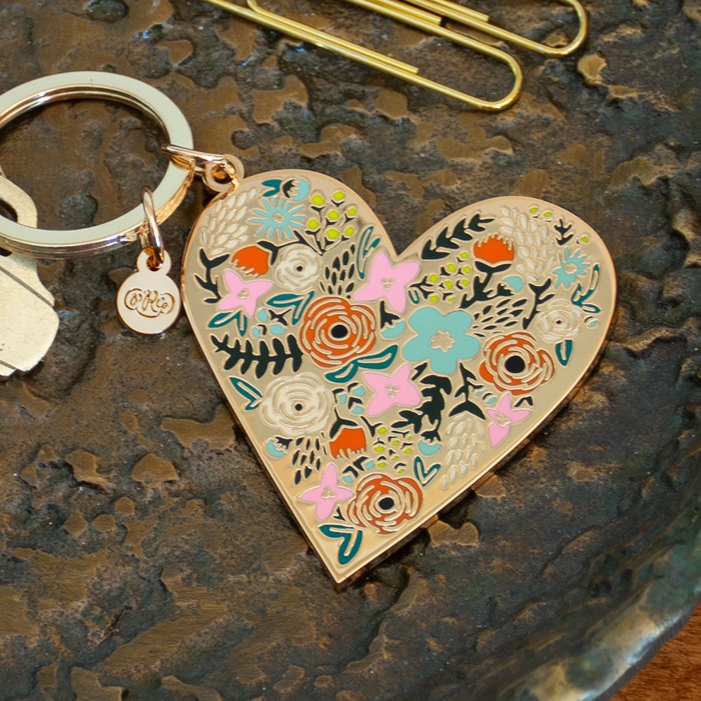 Enamel Keychain, Floral Heart