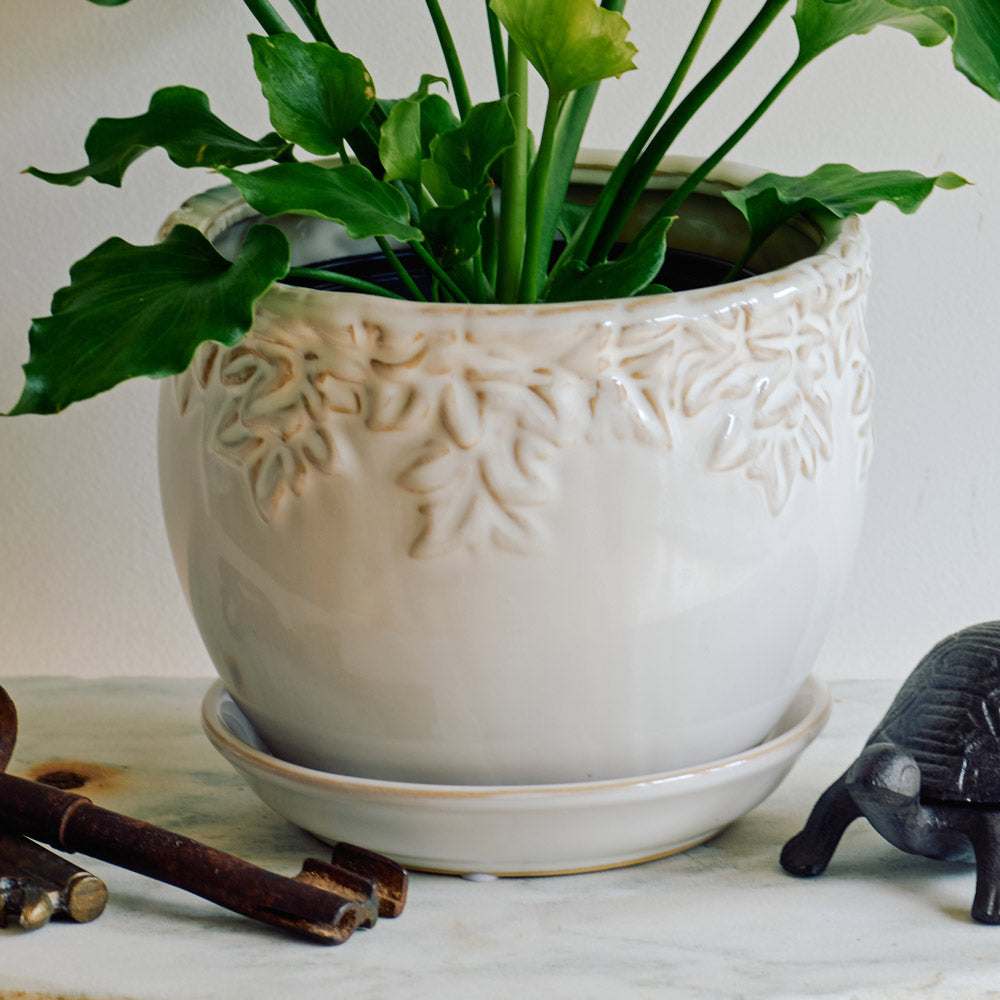 Embossed Ceramic Planter, Cream