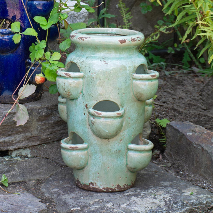 Glazed Ceramic 10-Pocket Strawberry Jar