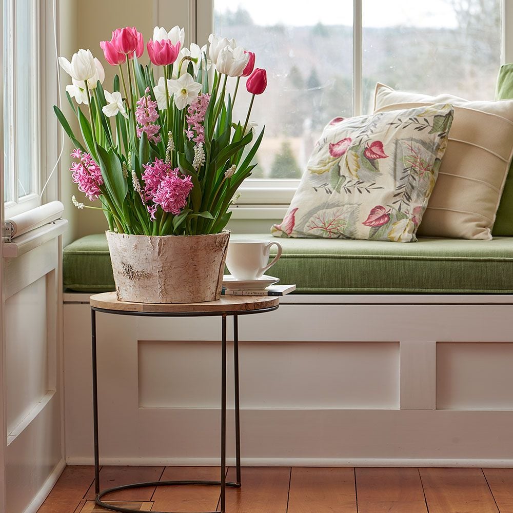 Pink Harmony Bulb Garden in large Birch basket