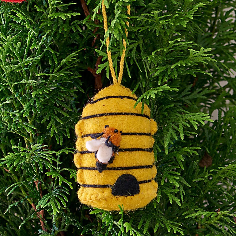 HandFelted Wool Bee Ornament White Flower Farm