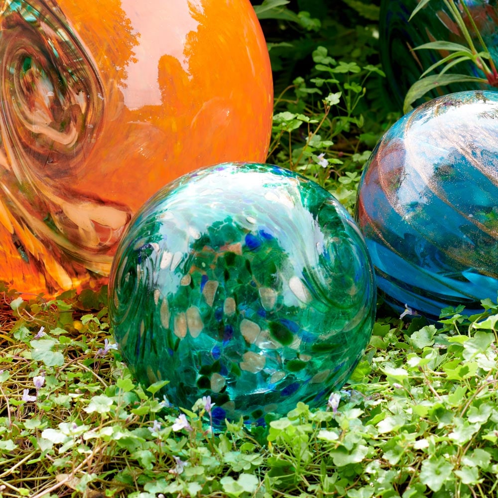Green Blown Glass Solar Globe White Flower Farm