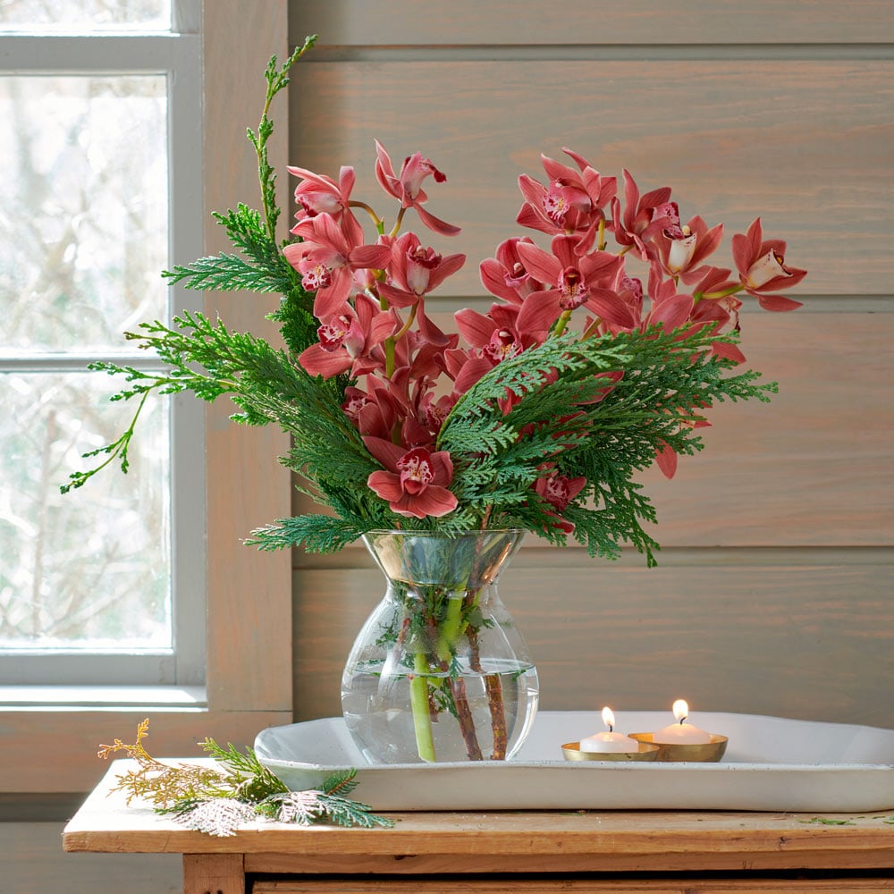 Burgundy Cymbidium & Evergreen Bouquet