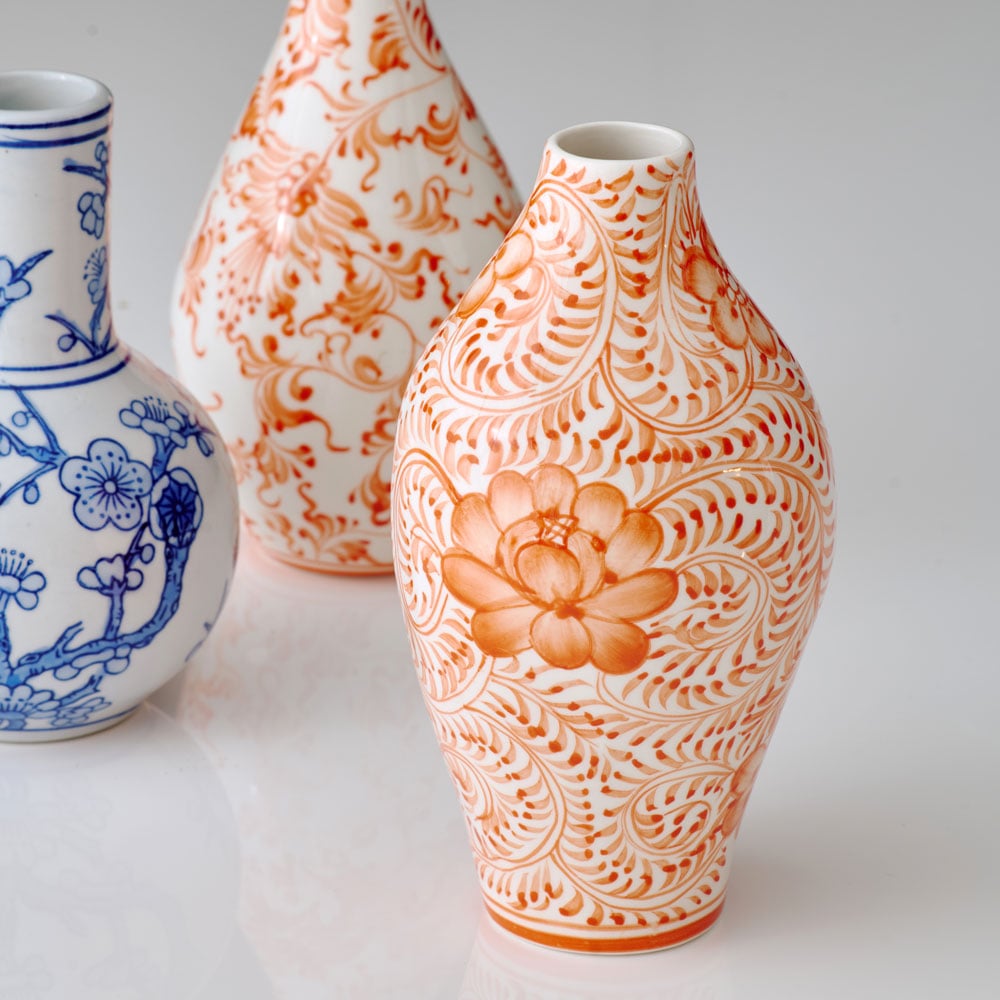 Chinoiserie Swirl Bud Vase, Coral 