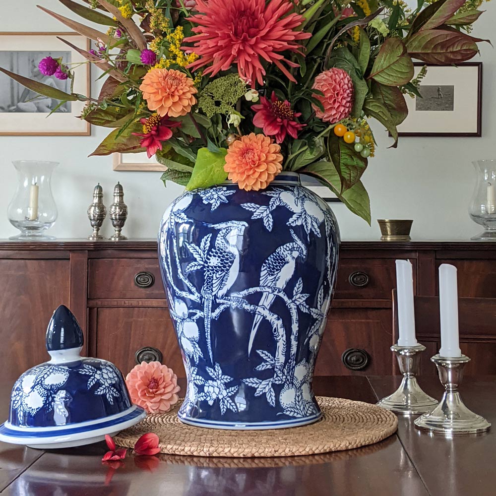 Chinoiserie Bird Ginger Jar, Deep Blue & White