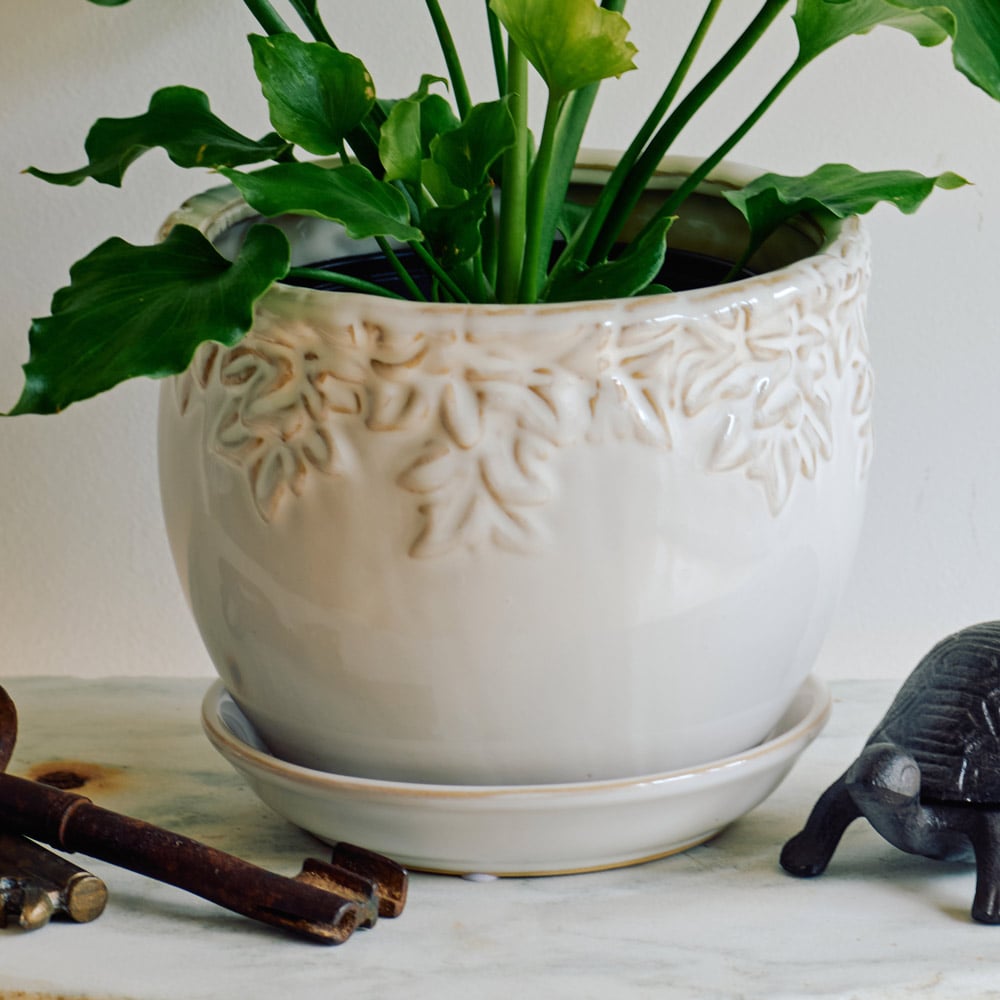 Embossed Ceramic Planter, Cream